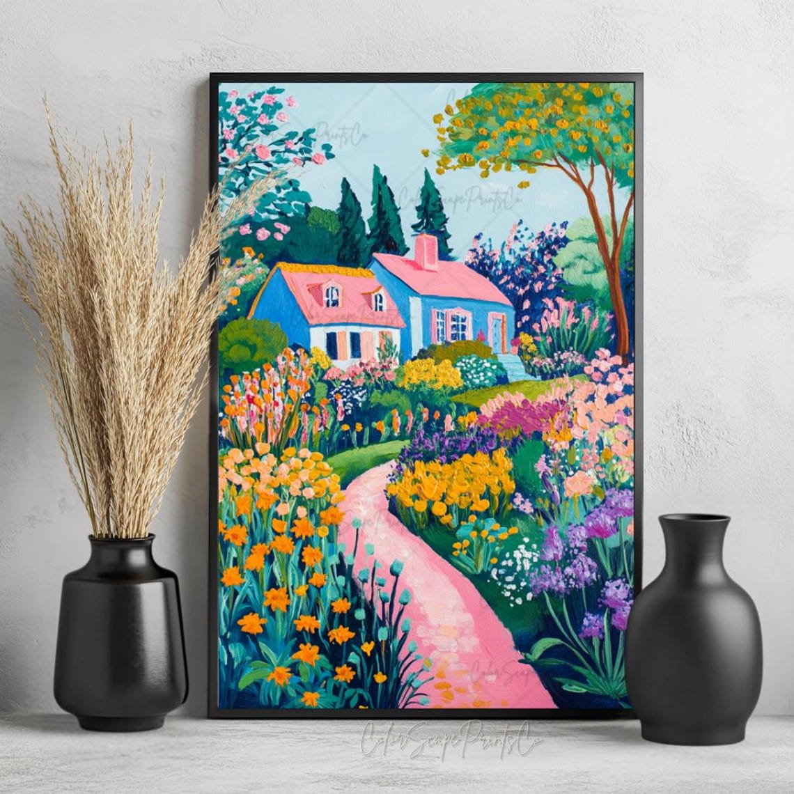Flower Garden Painting Colorful Landscape Print Spring Painting Whimsical Garden Colorful Flowers Painting Vibrant Nature Cozy Bedroom Decor - Image 2