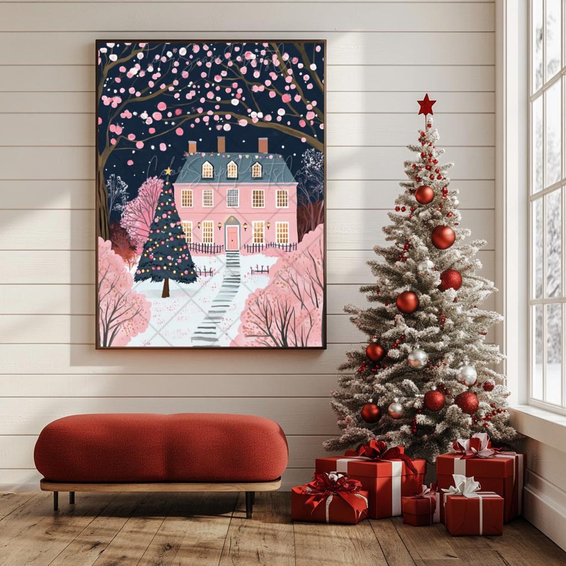 Pink Manor House Christmas Tree Snowy Night Blossom Sky Poster - Image 4