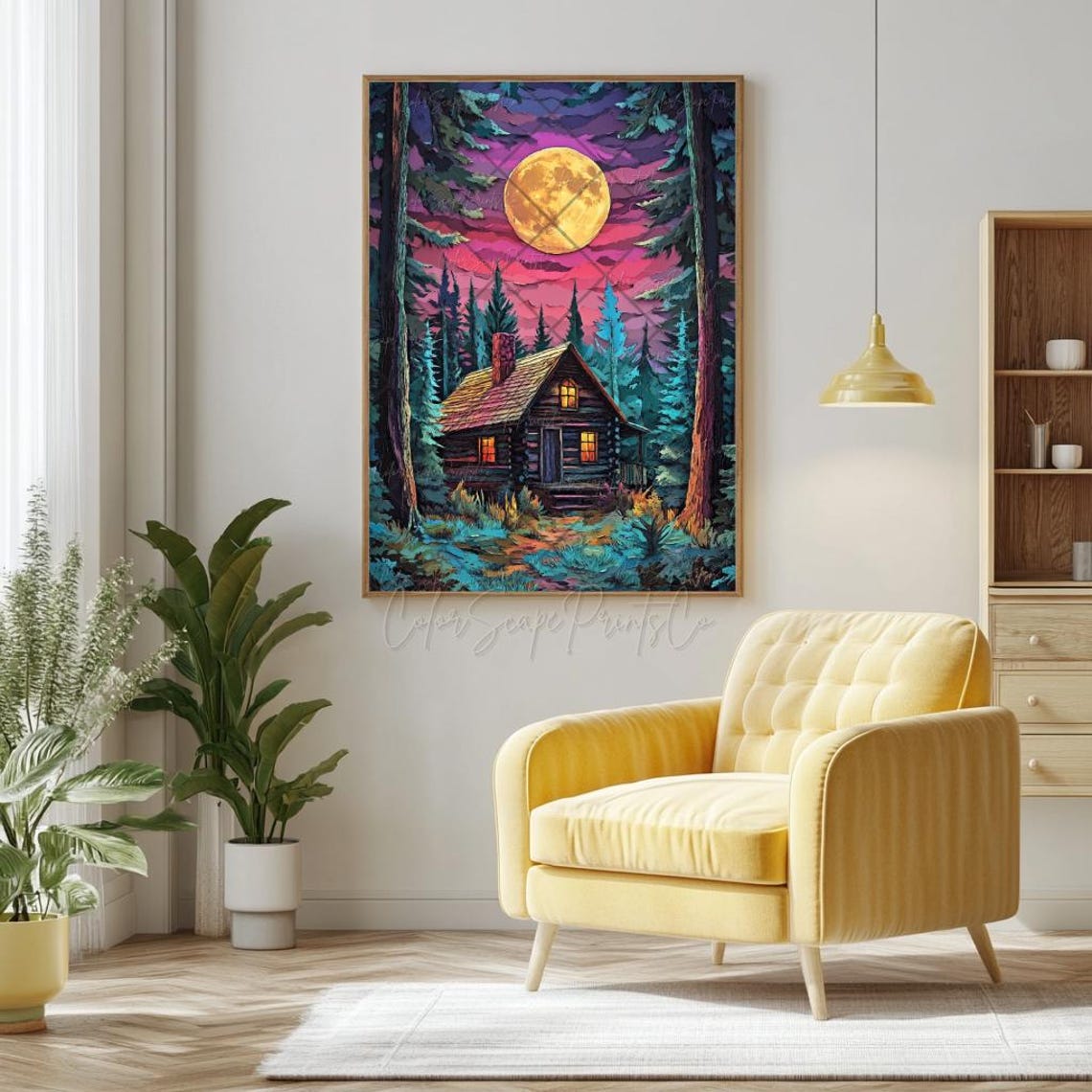 Cozy Moonlit Log Cabin Pine Forest Golden Moon Night Sky Poster - Image 2
