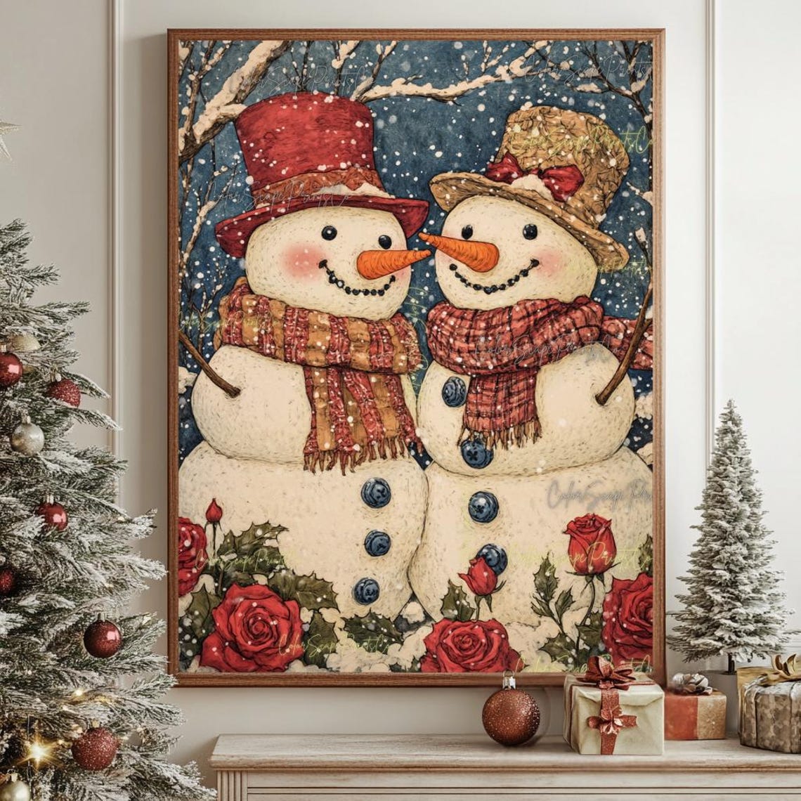 Cute Snowman Painting Christmas Wall Art Snowman Couple Print Pink Snowman Family Winter Print Snowman Lover Gift Nursery Holiday Wall Decor