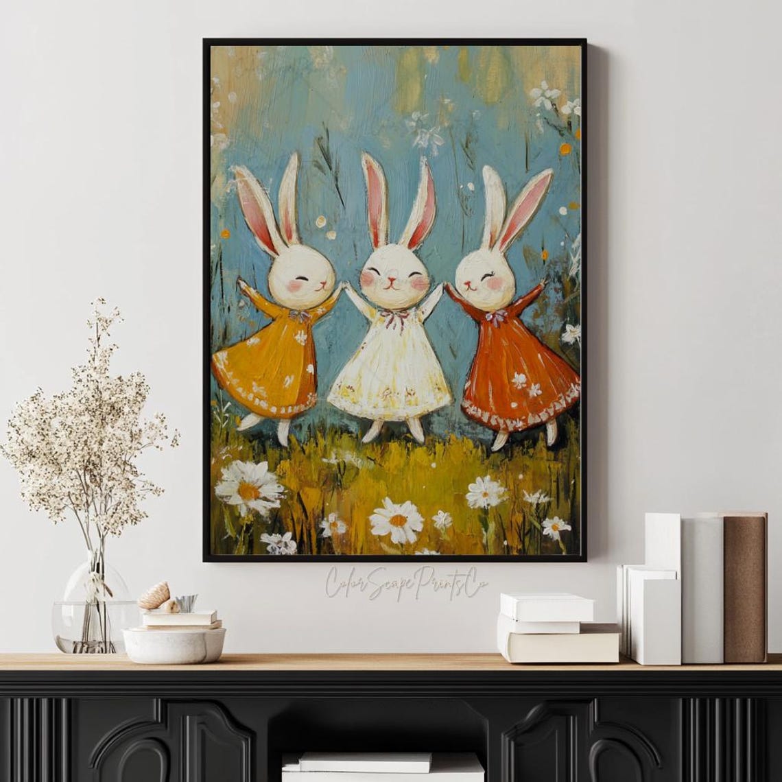 Dancing Bunny Trio Daisy Meadow Whimsical Rabbit Nursery Art Poster - Image 2