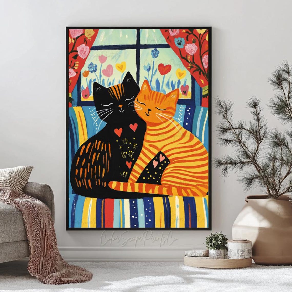 Two Cats Cuddling by a Window With Heart Flowers Love Poster - Image 3