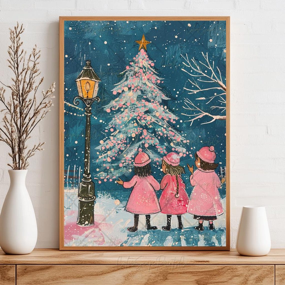 Christmas Carolers Print Caroling Girls Cozy Christmas Print Christmas Children Christmas Village Christmas Lantern Print Pink Winter Print - Image 3