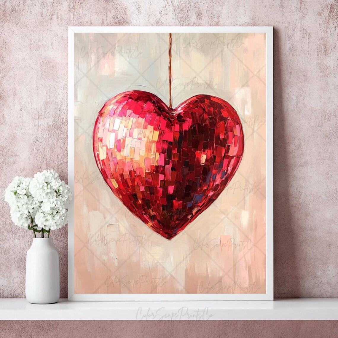 Red Heart Disco Ball Painting Mirror Heart Valentine Retro Wall Art - Image 4