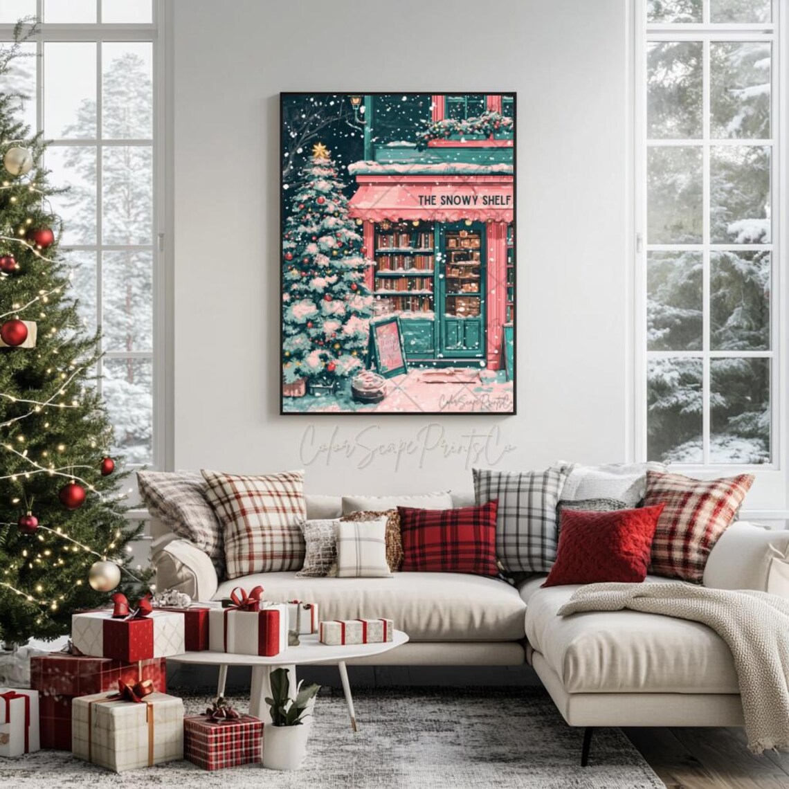 The Snowy Shelf Pink Bookstore Christmas Night Bookshop Poster - Image 4