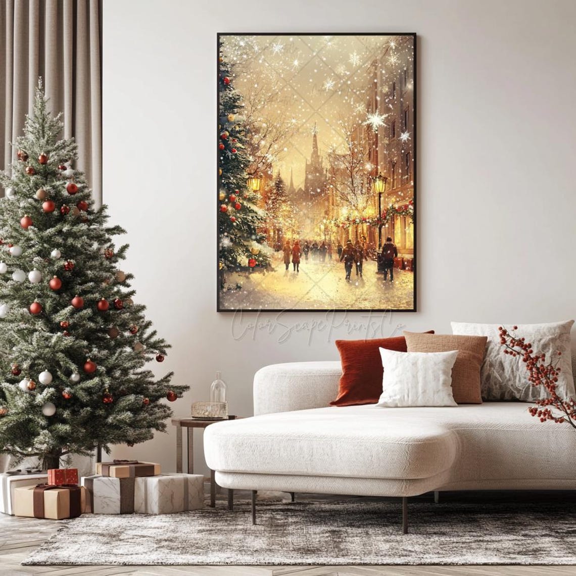 Golden Christmas Tree Print Snowy Village Christmas Town Print Winter Village Print Winter Landscape Art Holiday Wall Art Winter Wall Art - Image 3