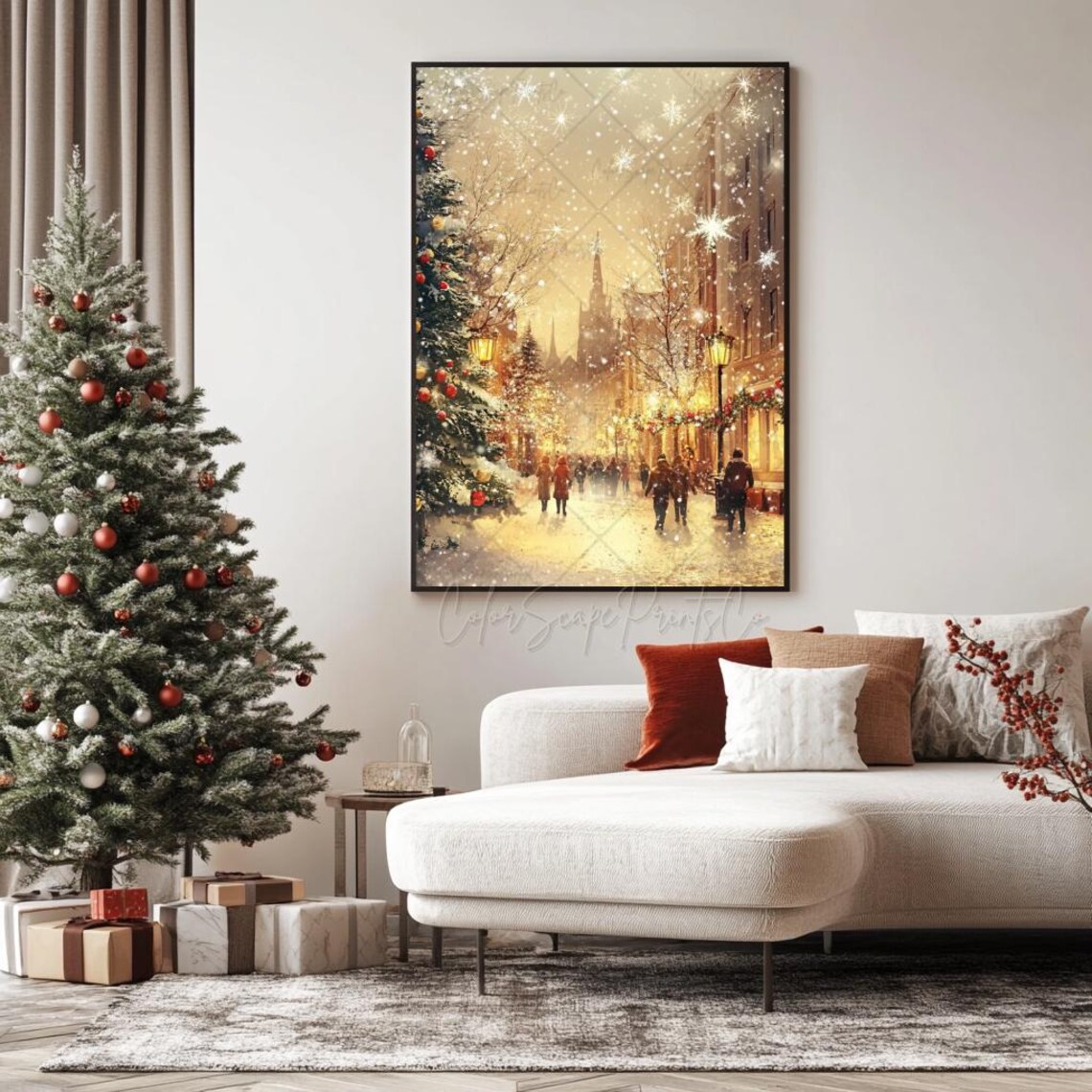 Golden Snowy Christmas Street Lamp Lit Winter Town Evening Poster - Image 3