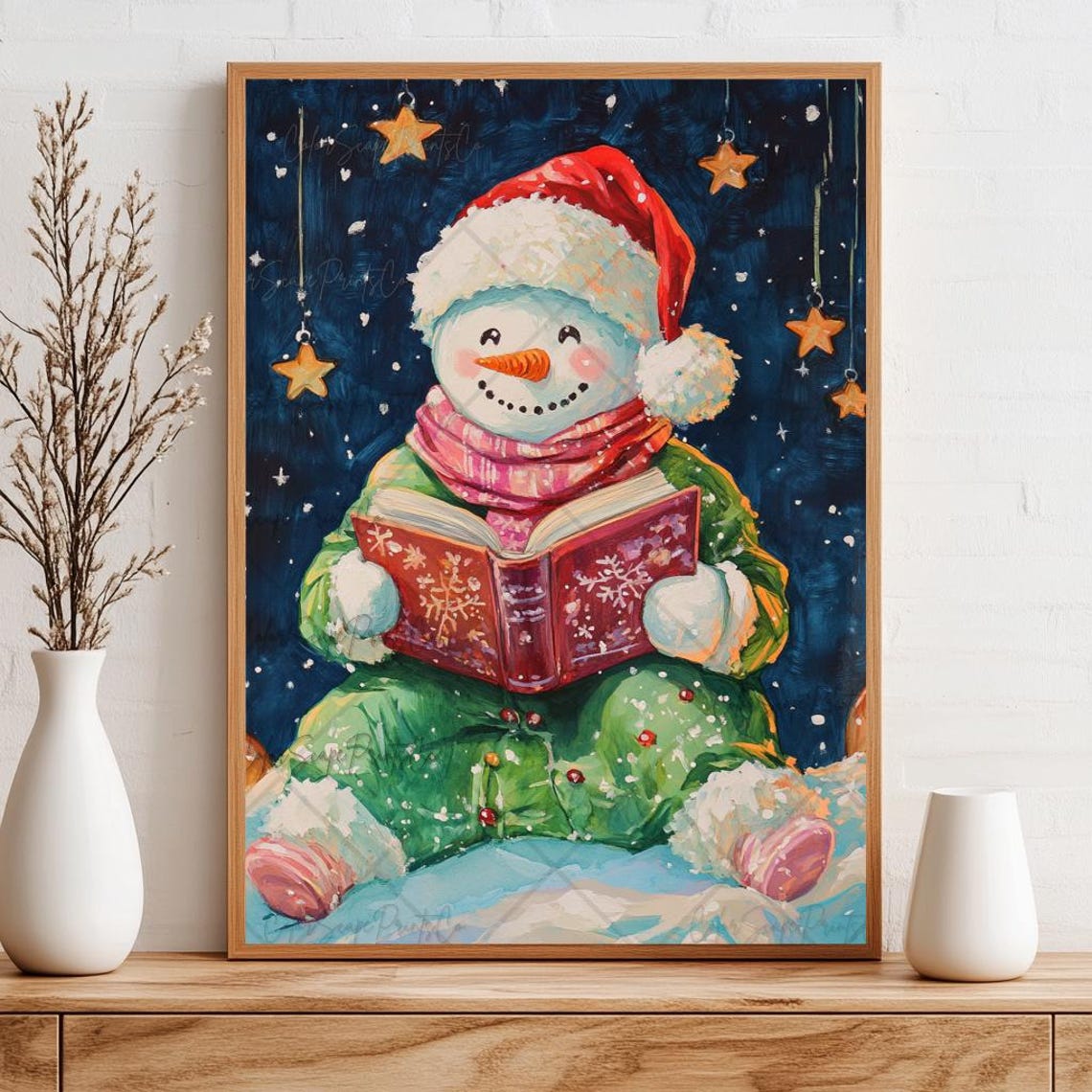 Cute Snowman Reading Book Starry Night Christmas Holiday Art Poster - Image 2