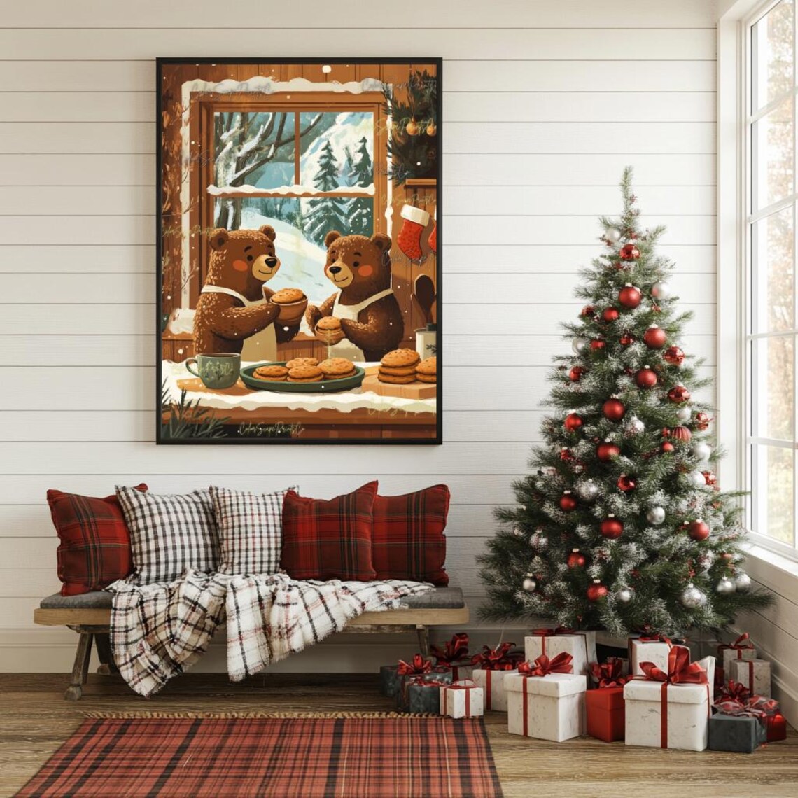 Cute Bears Baking Cookies Cozy Christmas Kitchen Holiday Art Poster - Image 4