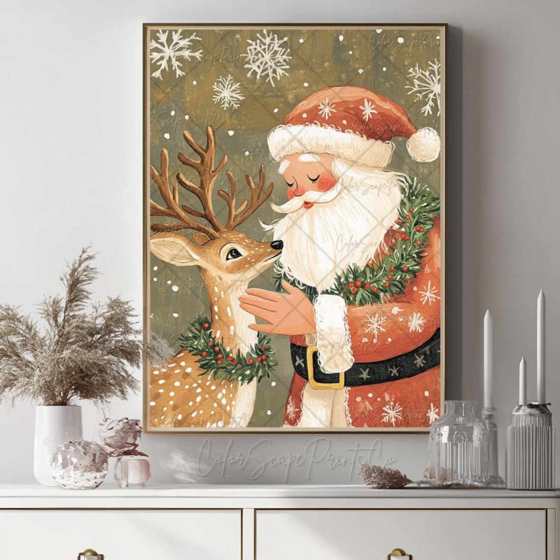 Santa Claus and Reindeer Nose to Nose Snowy Christmas Moment Poster - Image 4