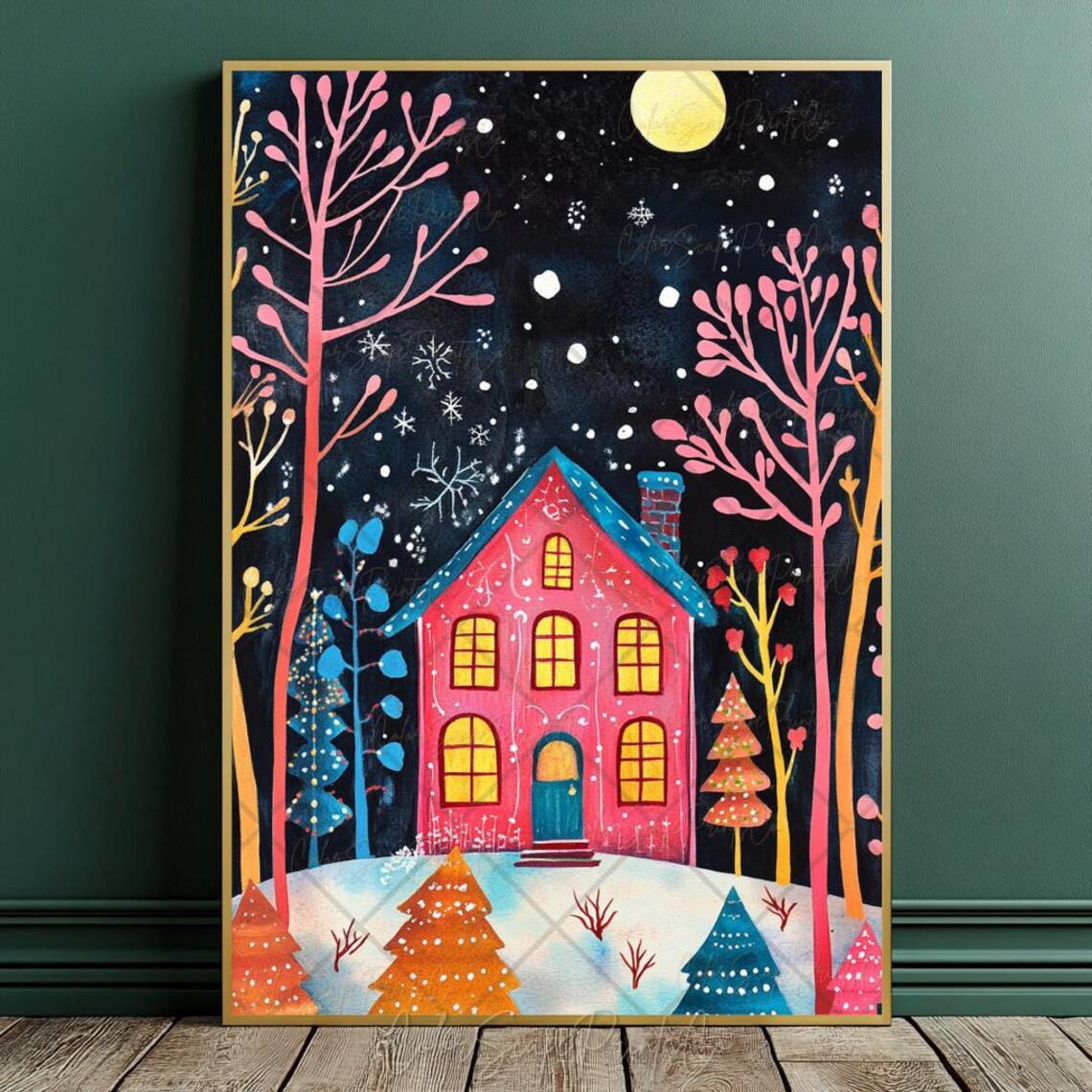 Cute Pink House Snowy Night Moon Winter Wonderland Poster Art - Image 4