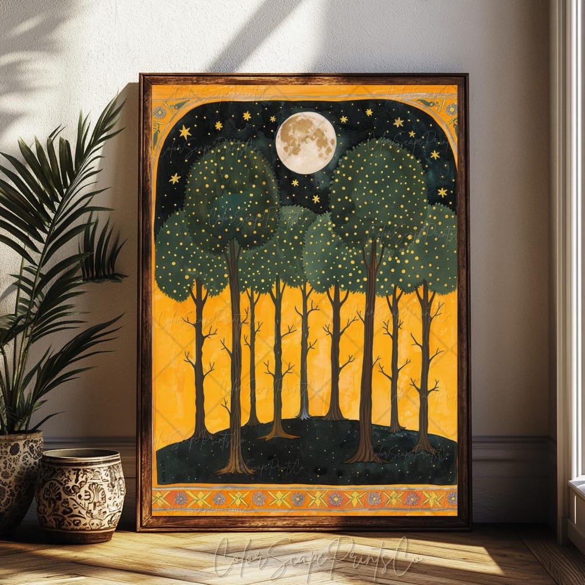 Magical Firefly Forest Full Moon Golden Night Folk Art Poster - Image 3