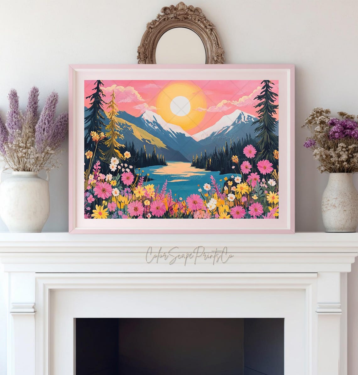 Pink Sunset Mountain Lake with Wildflowers Vibrant Landscape Poster - Image 2