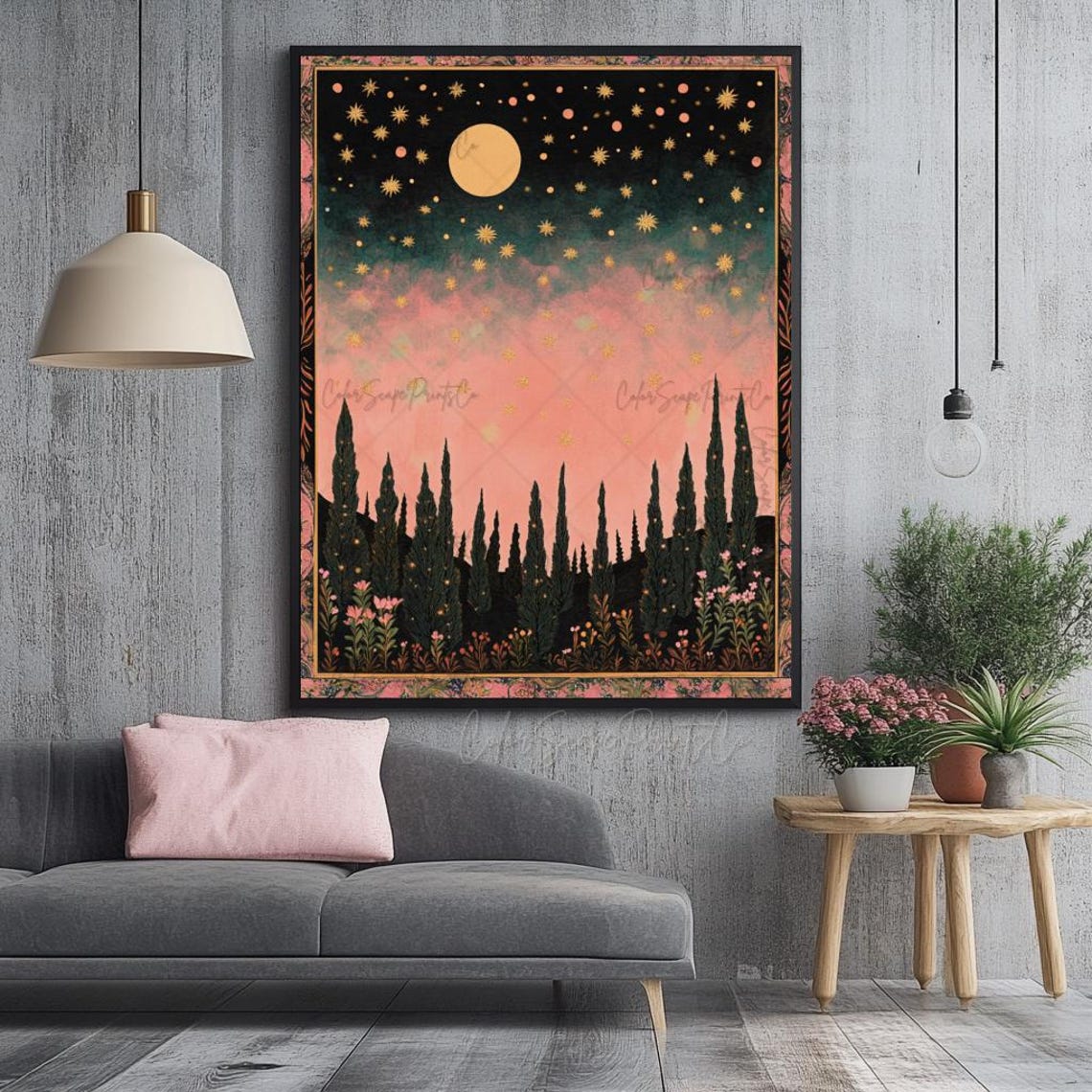 Golden Moon Stars Night Forest Pink Sky Celestial Poster Art - Image 3