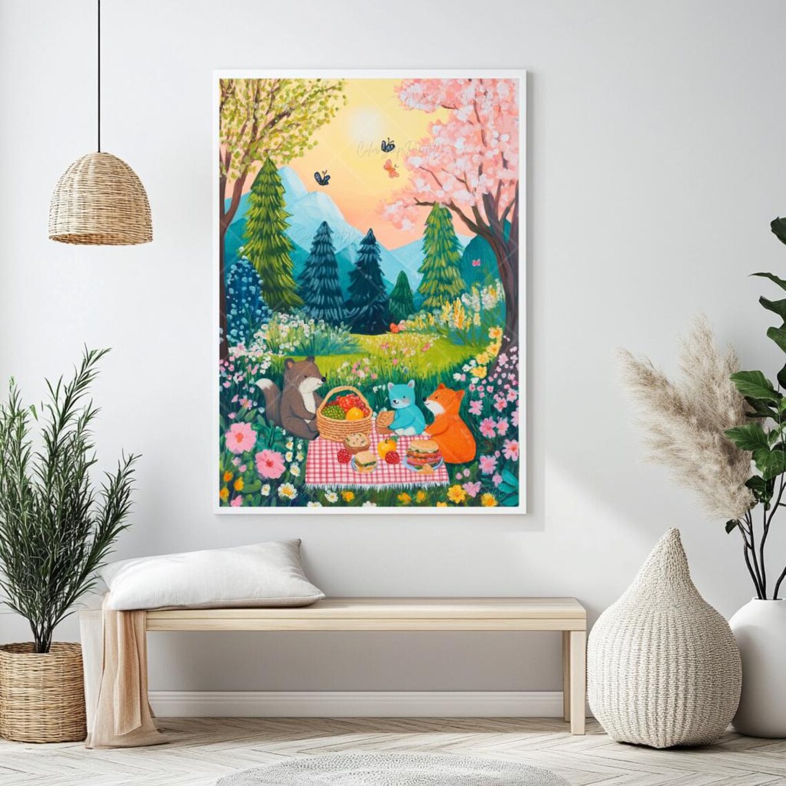 Woodland Animals Picnic Painting Fox Bear Raccoon Spring Meadow Poster - Image 2