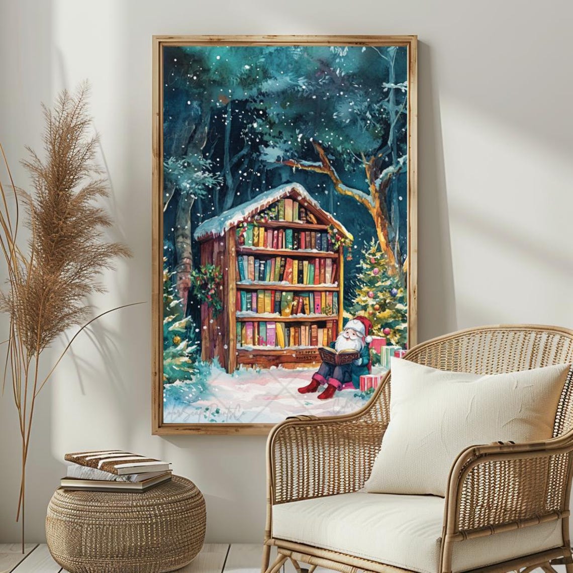 Santa Reading at The Open Bookshop Snowy Forest Library Poster - Image 4