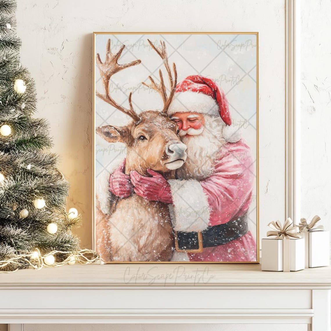 Santa in Pink Suit Hugging His Reindeer Tender Watercolor Poster - Image 4
