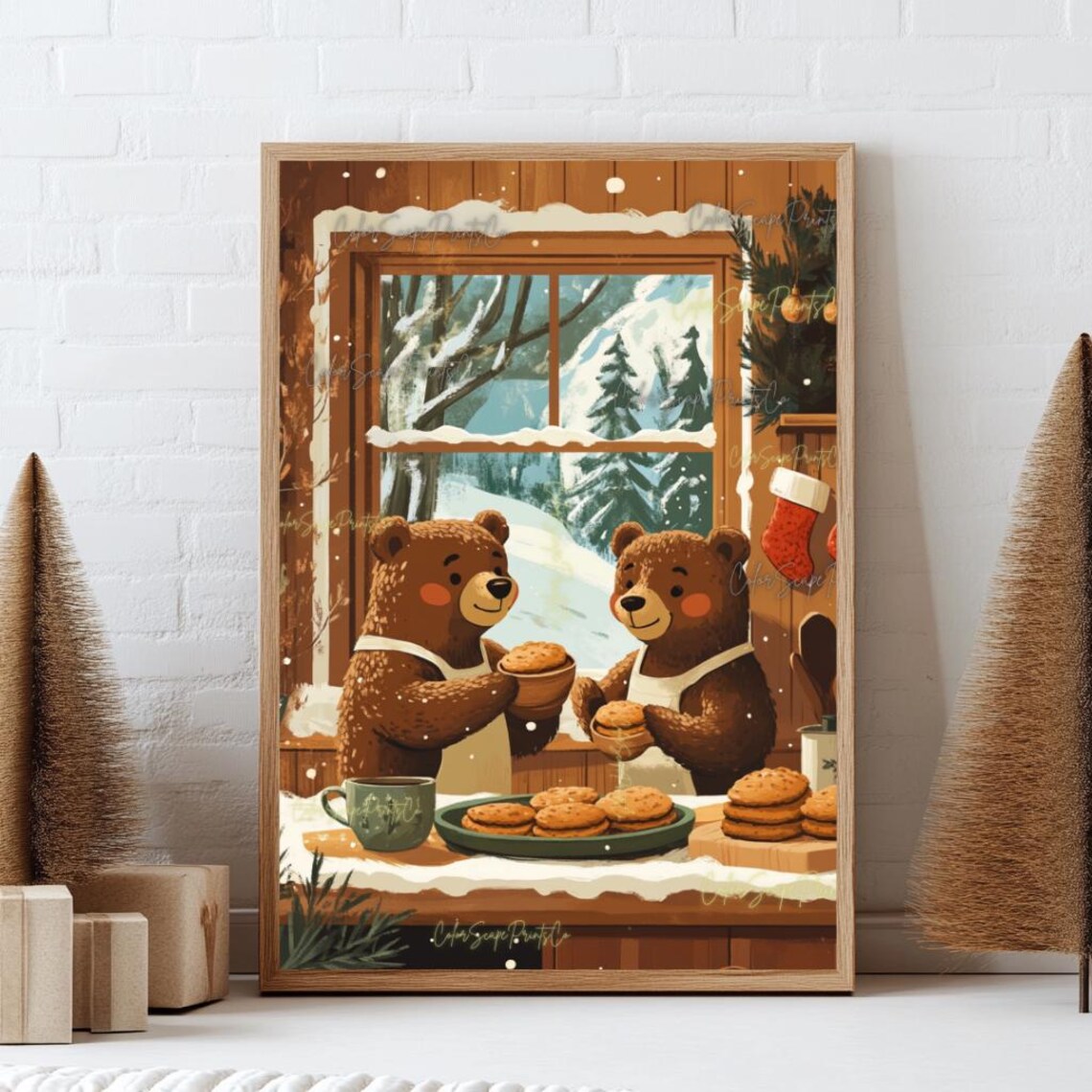 Cute Bears Baking Cookies Cozy Christmas Kitchen Holiday Art Poster - Image 3