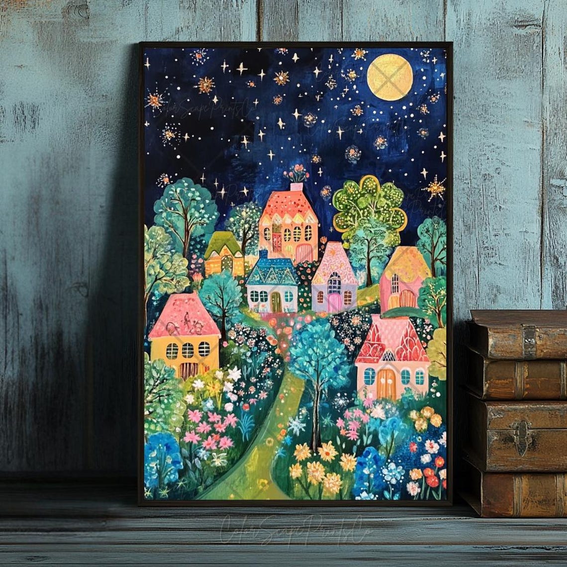 Storybook Village Under Full Moon Starry Night Cottages Poster - Image 2