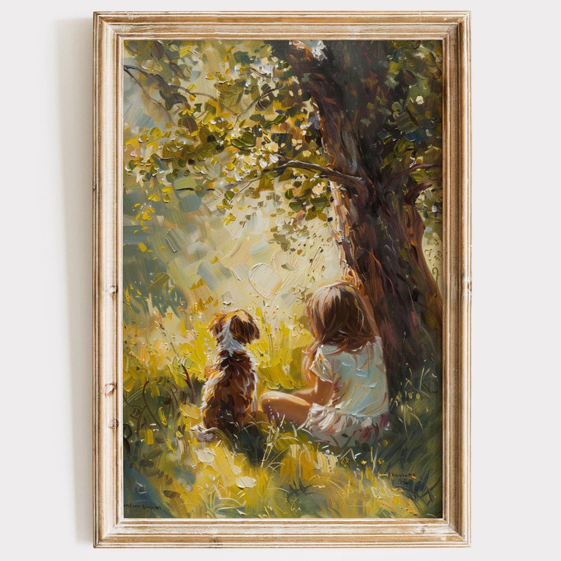 Vintage Girls Room Art Oil Painting Girl And Dog Under Tree Girl Nursery Artwork Wall Decor Artful Art