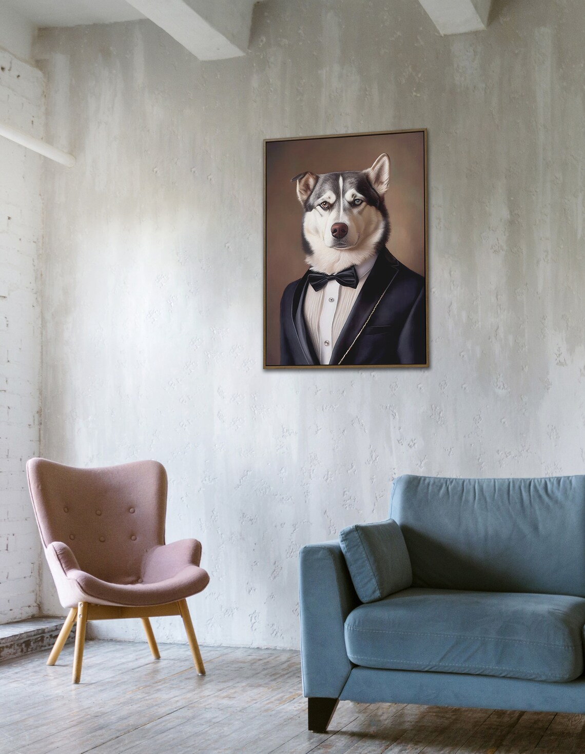 Portrait Of A Husky In A Tuxedo Art Print - Image 4