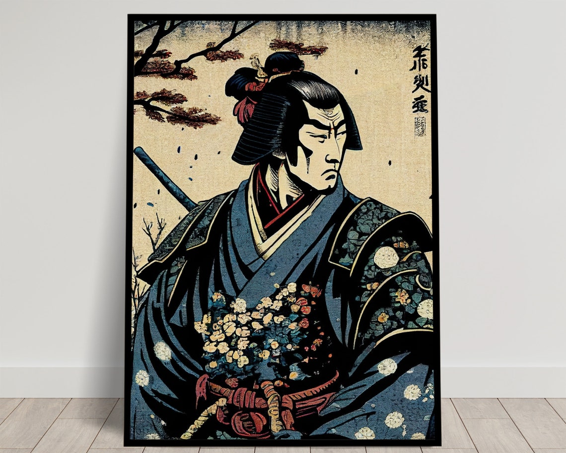 Samurai Warrior Portrait in Ukiyo E Japanese Woodblock Style Poster