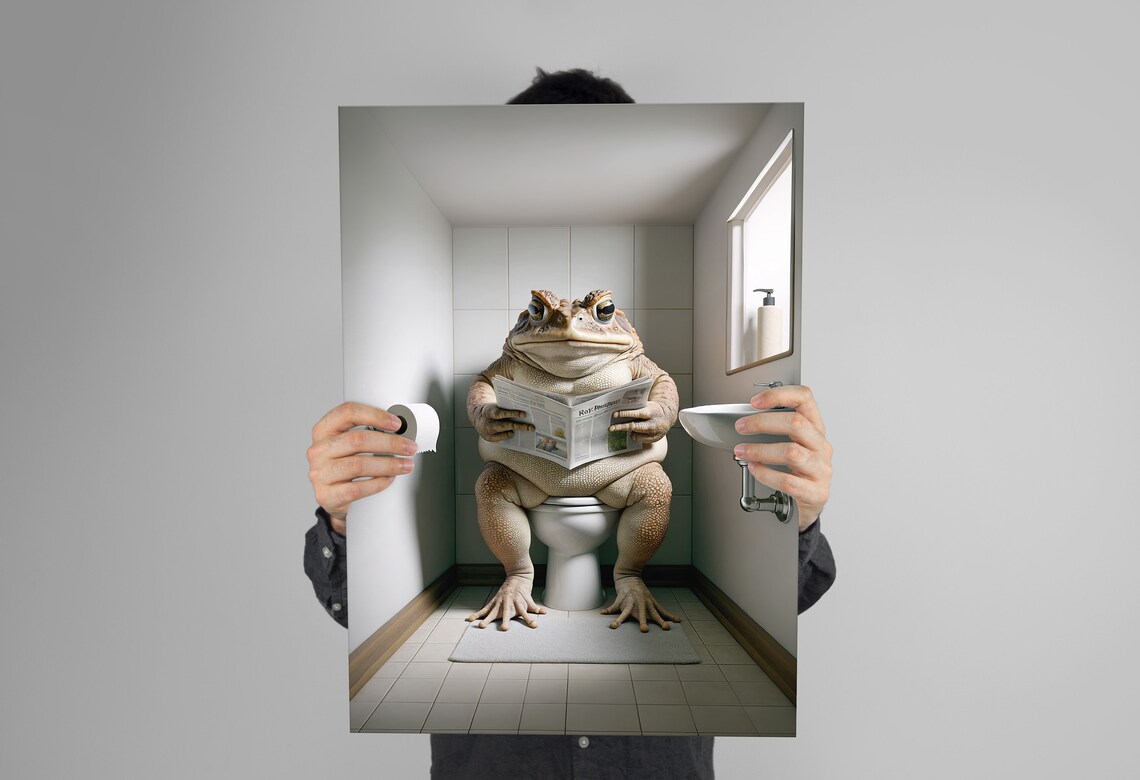 Toad Reading Newspaper While Sitting on the Toilet Funny Bathroom Poster - Image 3