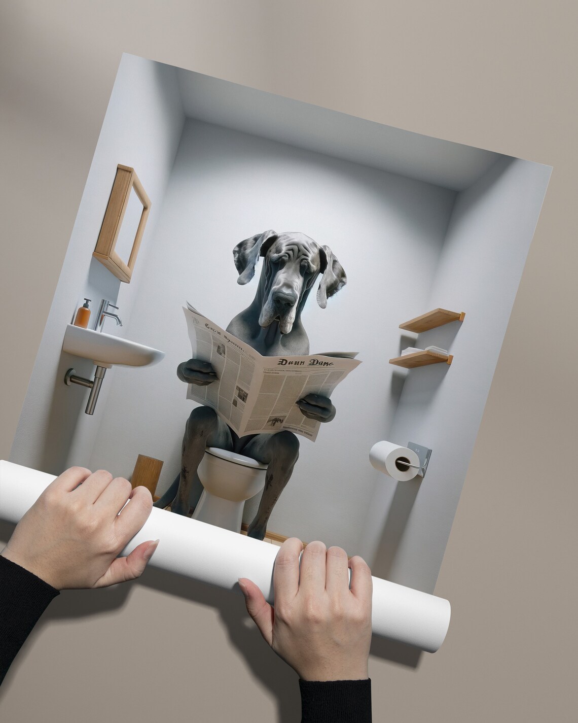 Great Dane Reading Newspaper, Funny Bathroom Poster - Image 2