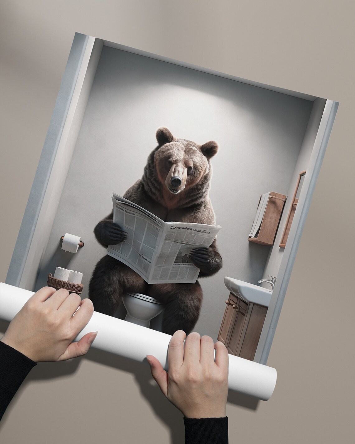 Brown Bear Reading Newspaper Bathroom Wall Art Print - Image 2