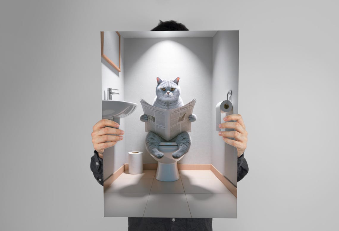 Silver British Shorthair Cat Reading Newspaper Funny Art Poster - Image 3
