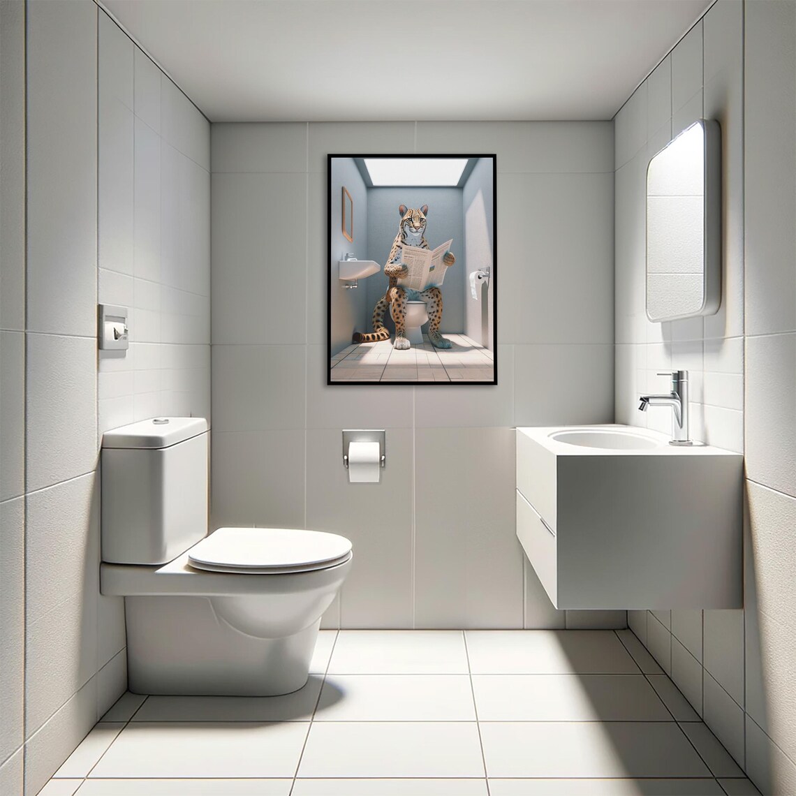 Funny Ocelot Reading Newspaper On Toilet Wild Cat Bathroom Humor Poster - Image 4