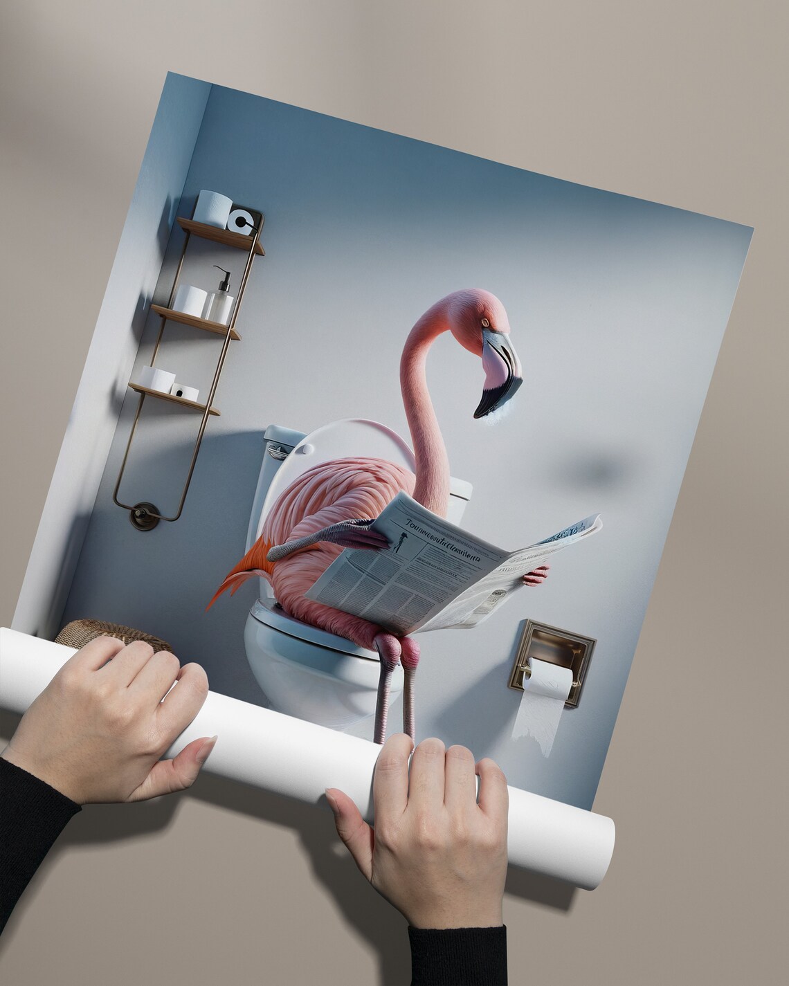 Funny Flamingo Reading Newspaper On Toilet Tropical Bathroom Poster - Image 2