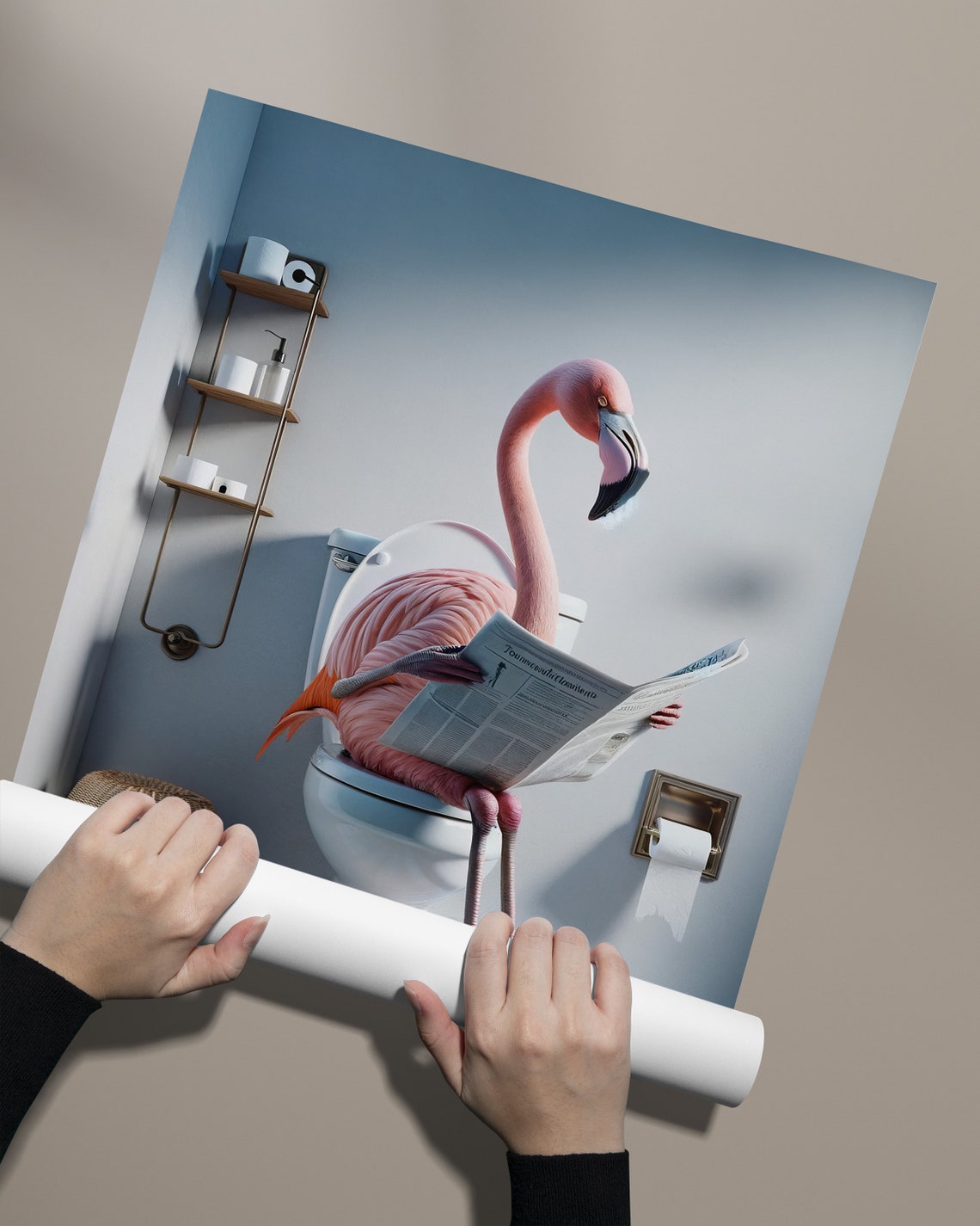 Photograph Of A Flamingo Reading The Newspaper On The Toilet Funny Bathroom Decor Bathroom Wall Art Wc Toilet Poster Unique Funny Gift - Image 2