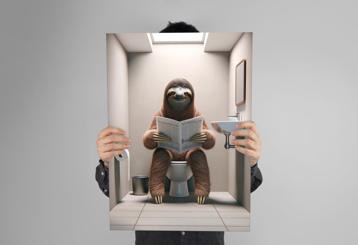 Smiling Sloth Reading Newspaper On The Toilet Funny Bathroom Poster - Image 3
