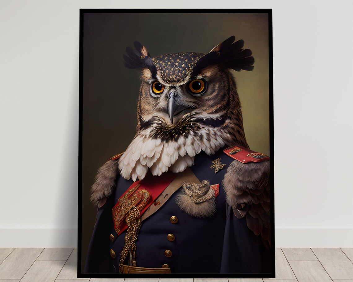 Owl In Military Uniform Poster, Animal Wall Art