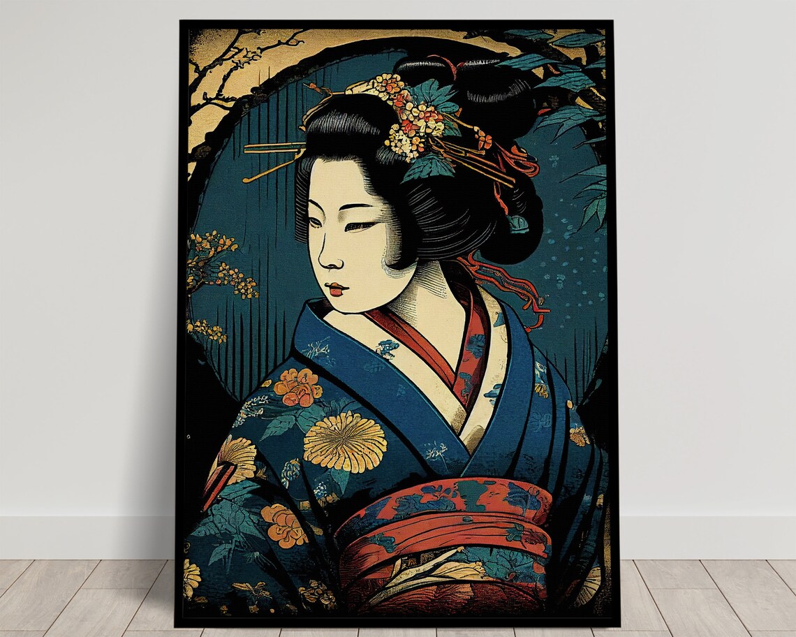 Geisha Blue Kimono Japanese Art Poster