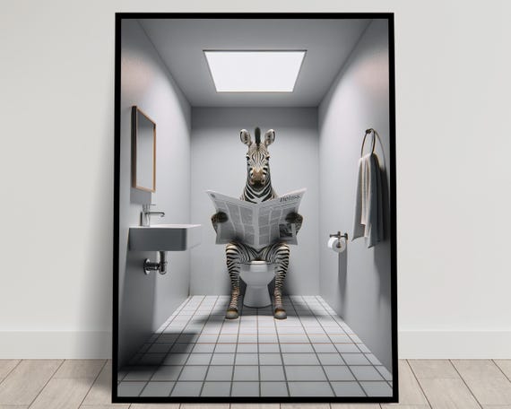 Photograph Of A Zebra Reading The Newspaper On The Toilet Funny Bathroom Decor Bathroom Wall Art Wc Toilet Poster Unique Gag Gift