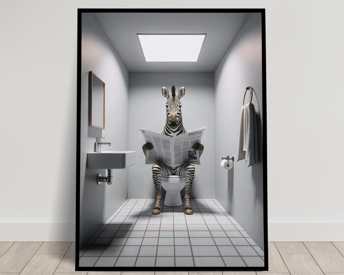 Zebra Reading the Newspaper on the Toilet Funny Bathroom Poster