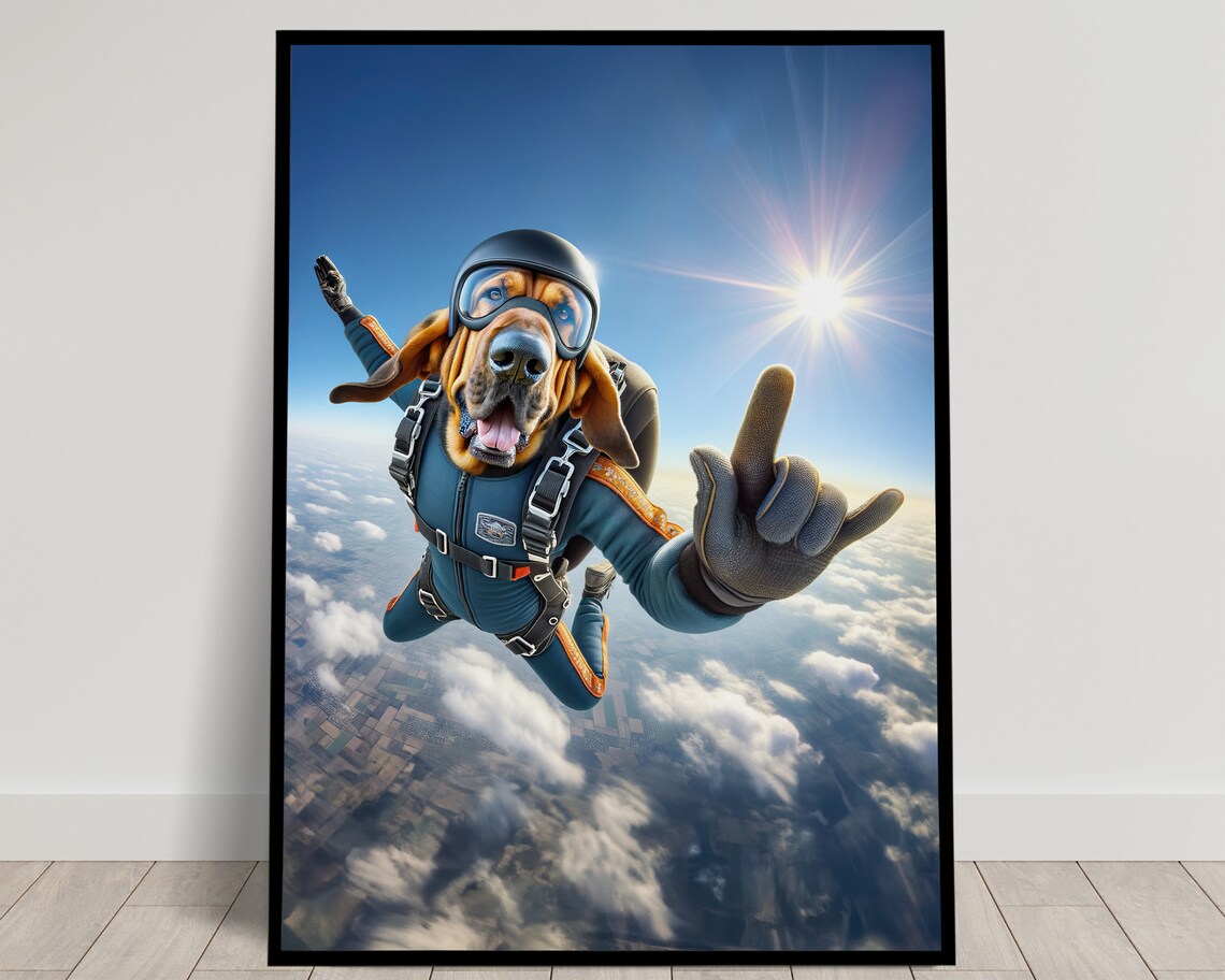 Bloodhound Skydiving In Helmet And Goggles Epic Freefall Dog Poster