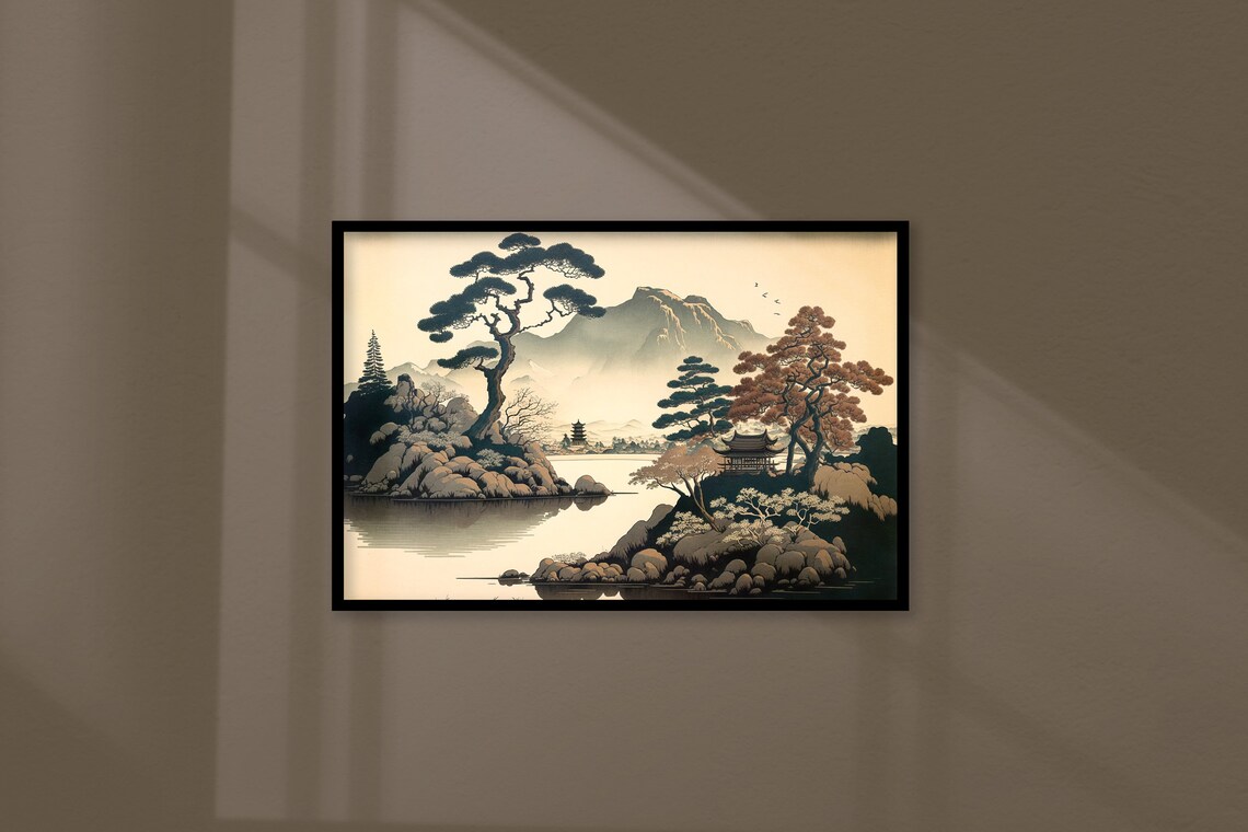 Japanese Lake With Temples, Mountain View Travel Poster - Image 3