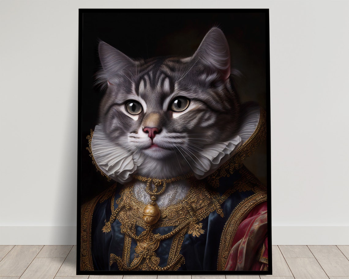 Gray Tabby Cat In Baroque Royal Gown Vintage Aristocratic Pet Poster