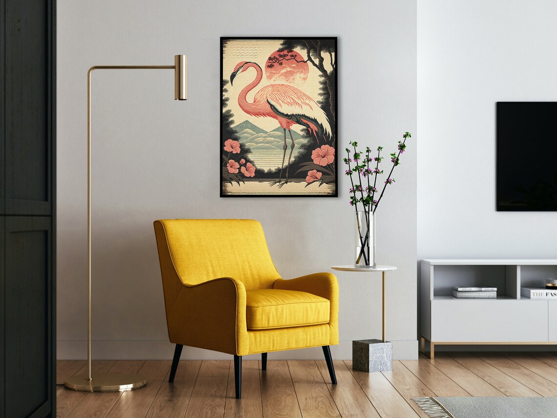 Flamingo Ukiyo-E Vintage Art Print - Image 4