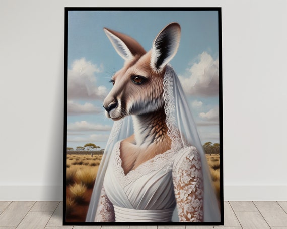 Portrait Of A Kangaroo Wearing A Wedding Dress Animal Wall Decor Kangaroo Mariage Poster Bride Wall Art Funny Frame Unique Gift