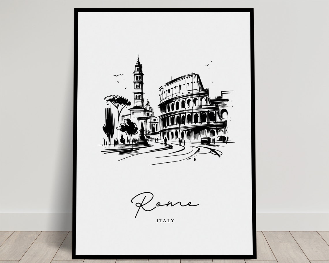 Rome Italy Black And White Sketch Colosseum Landmarks Poster