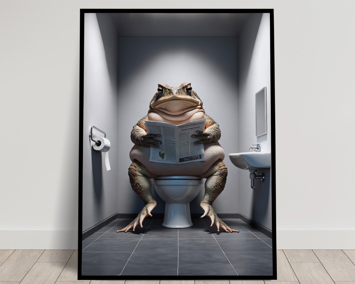 Funny Toad Reading Newspaper On Toilet Whimsical Bathroom Frog Poster