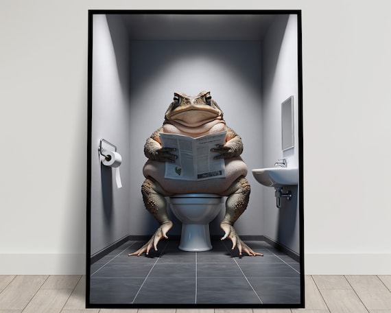 Funny Toad Reading Newspaper On Toilet Whimsical Bathroom Frog Poster