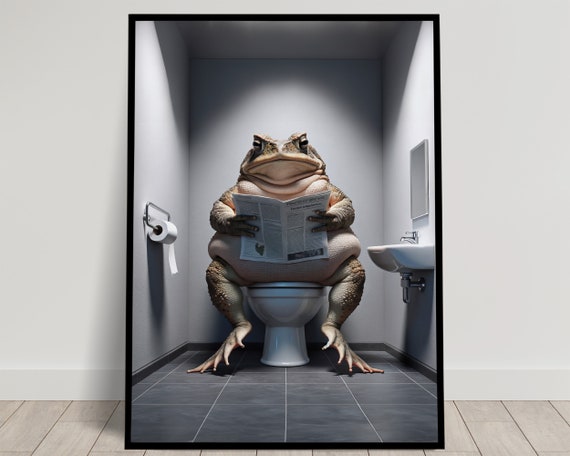 Photograph Of A Toad Reading The Newspaper On The Toilet Funny Bathroom Decor Bathroom Wall Art Wc Toilet Poster Unique Funny Gift