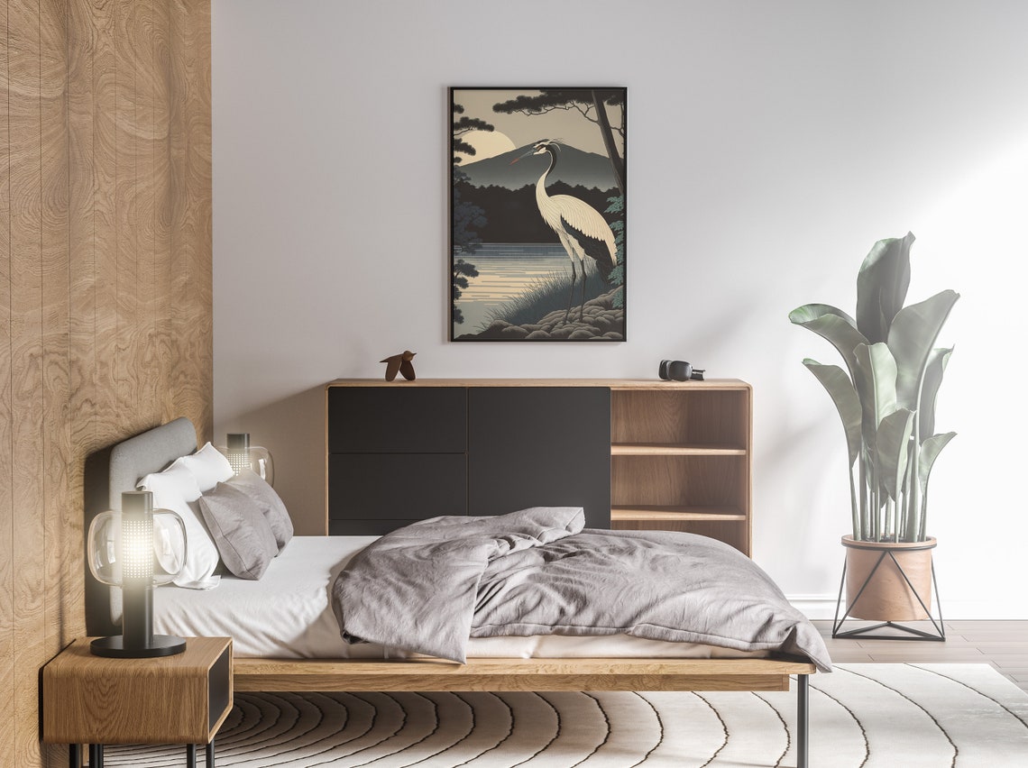 Elegant White Crane At Sunrise Lake With Moon Japanese Poster - Image 3