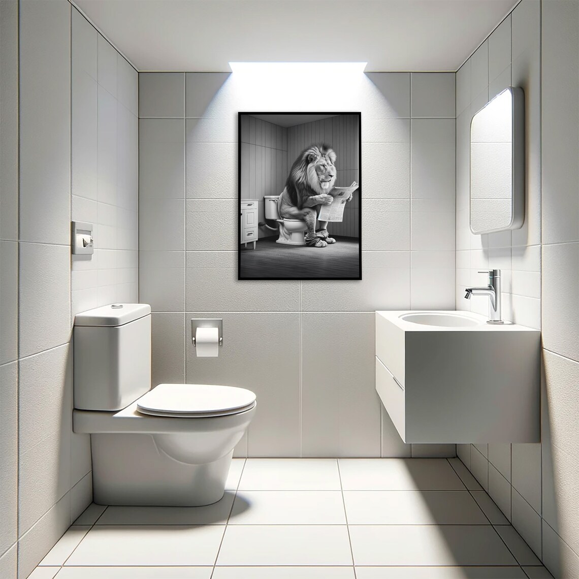 Lion Reading on the Toilet Black and White Poster - Image 3