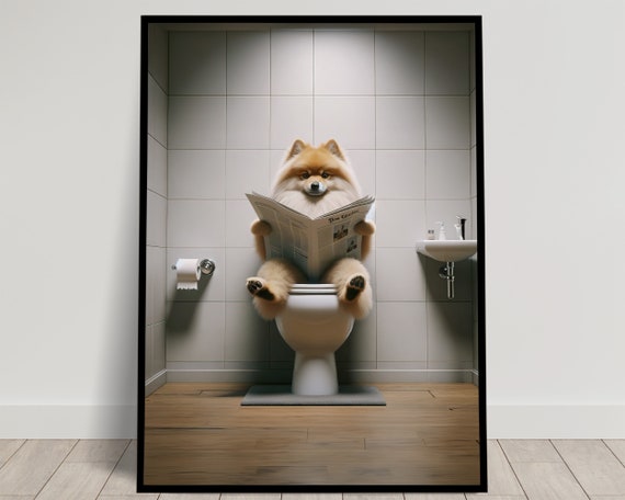 Photograph Of A Spitz Dog Reading The Newspaper On The Toilet Funny Bathroom Decor Bathroom Wall Art Wc Toilet Poster Unique Funny Gift